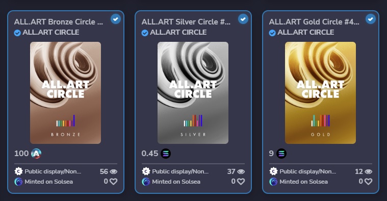 ALL.ART Circle NFTs listed for sale in AART tokens (first on the left) and SOL (the other two NFTs).